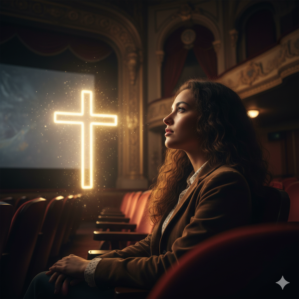 Mujer sentada en un cine viendo una película, con una cruz a su lado. La imagen transmite reflexión y vigilancia espiritual, recordando que, si elegimos con cuidado lo que miramos, el Señor Jesús siempre estará presente junto a nosotros.