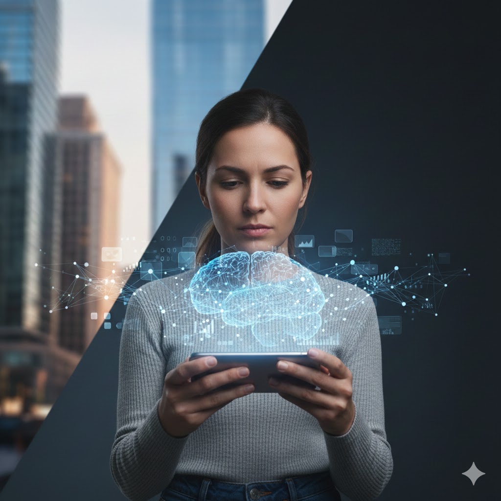 Mujer sosteniendo un teléfono móvil con ambas manos, concentrada en la pantalla. De la pantalla emerge un cerebro digital brillante, simbolizando la inteligencia artificial y la conexión entre la tecnología y la mente humana. La imagen transmite interacción, innovación y fascinación por la IA.