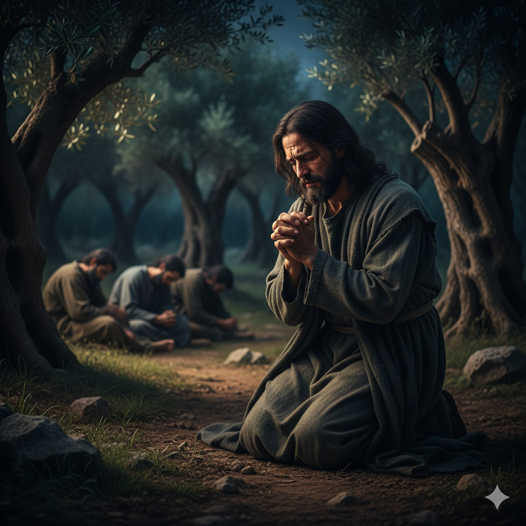 Jesucristo rezando solo en el Huerto de los Olivos, en un momento de profunda agonía. Sus apóstoles aparecen dormidos al fondo, incapaces de acompañarlo. La escena transmite angustia, soledad y entrega total a la voluntad de Dios.
