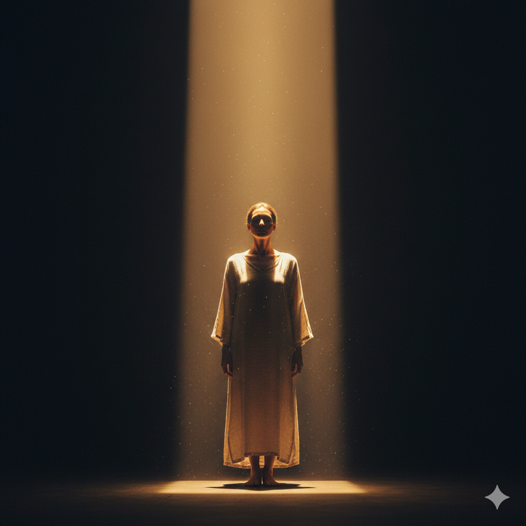 Mujer en la oscuridad, iluminada por un haz de luz que la rodea. La luz simboliza la vida eterna, esperanza y presencia divina en medio de la oscuridad. La imagen transmite paz, serenidad y trascendencia espiritual.