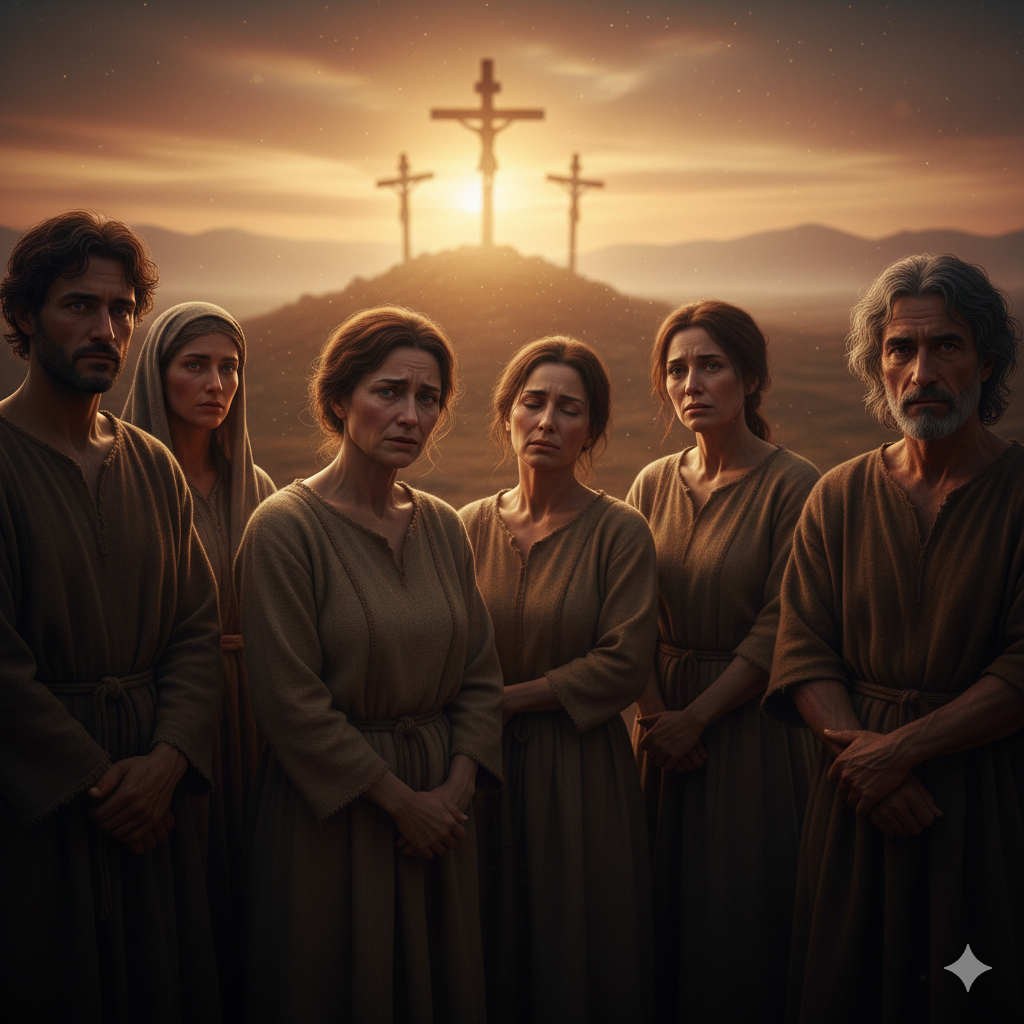 Varias personas en primer plano observan el Monte Calvario al fondo, donde se ven la cruz de Jesús y las dos cruces de los crucificados. La escena representa el camino de Jesús hacia la cruz y, al mismo tiempo, los caminos individuales de cada persona, mostrando cómo todos somos rescatados y acompañados en nuestro propio recorrido de vida y fe.