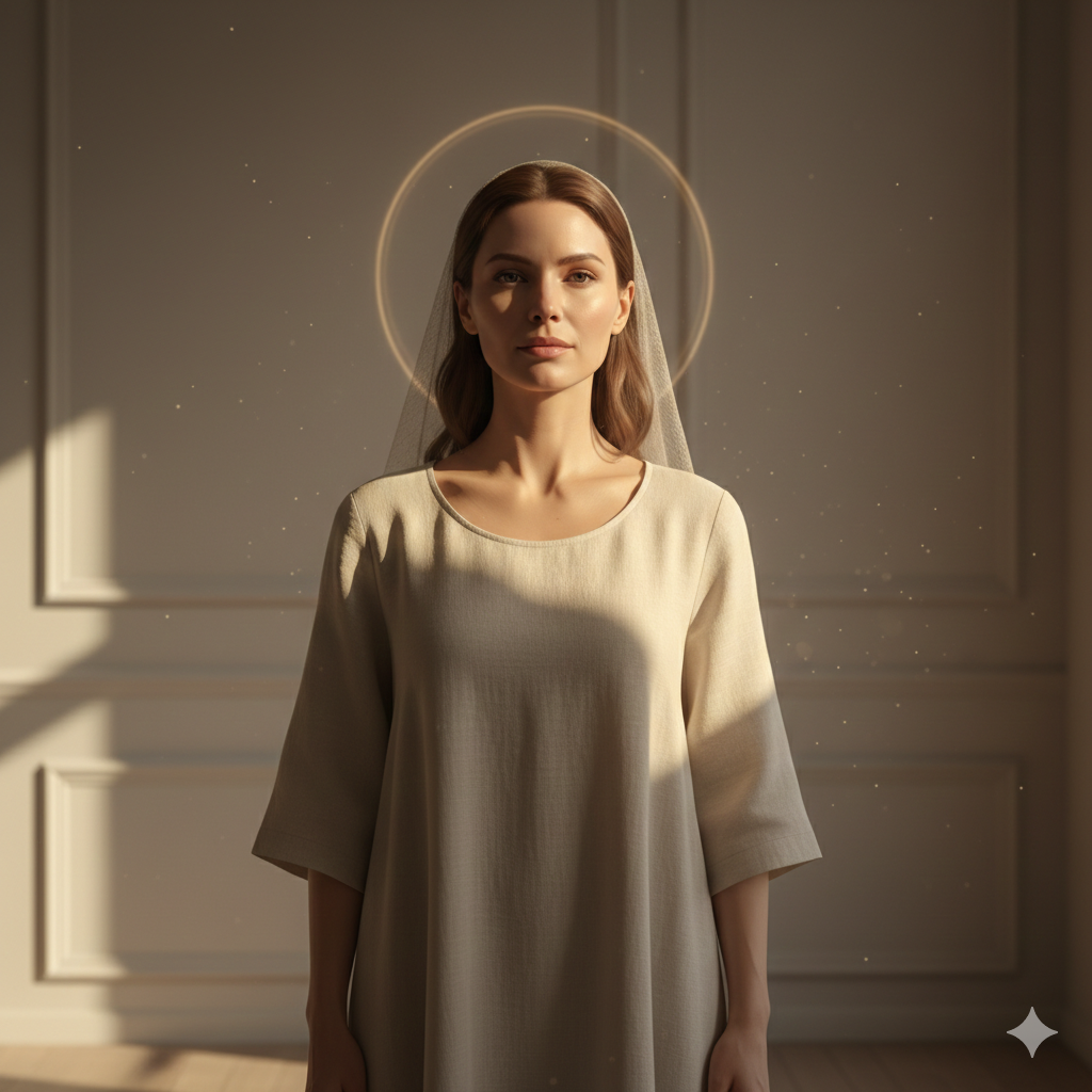 Mujer contemporánea de pie, serena y segura, iluminada por luz dorada. Vestido delicado sugiere inspiración mariana sutil. Refleja poder, serenidad y contemplación.