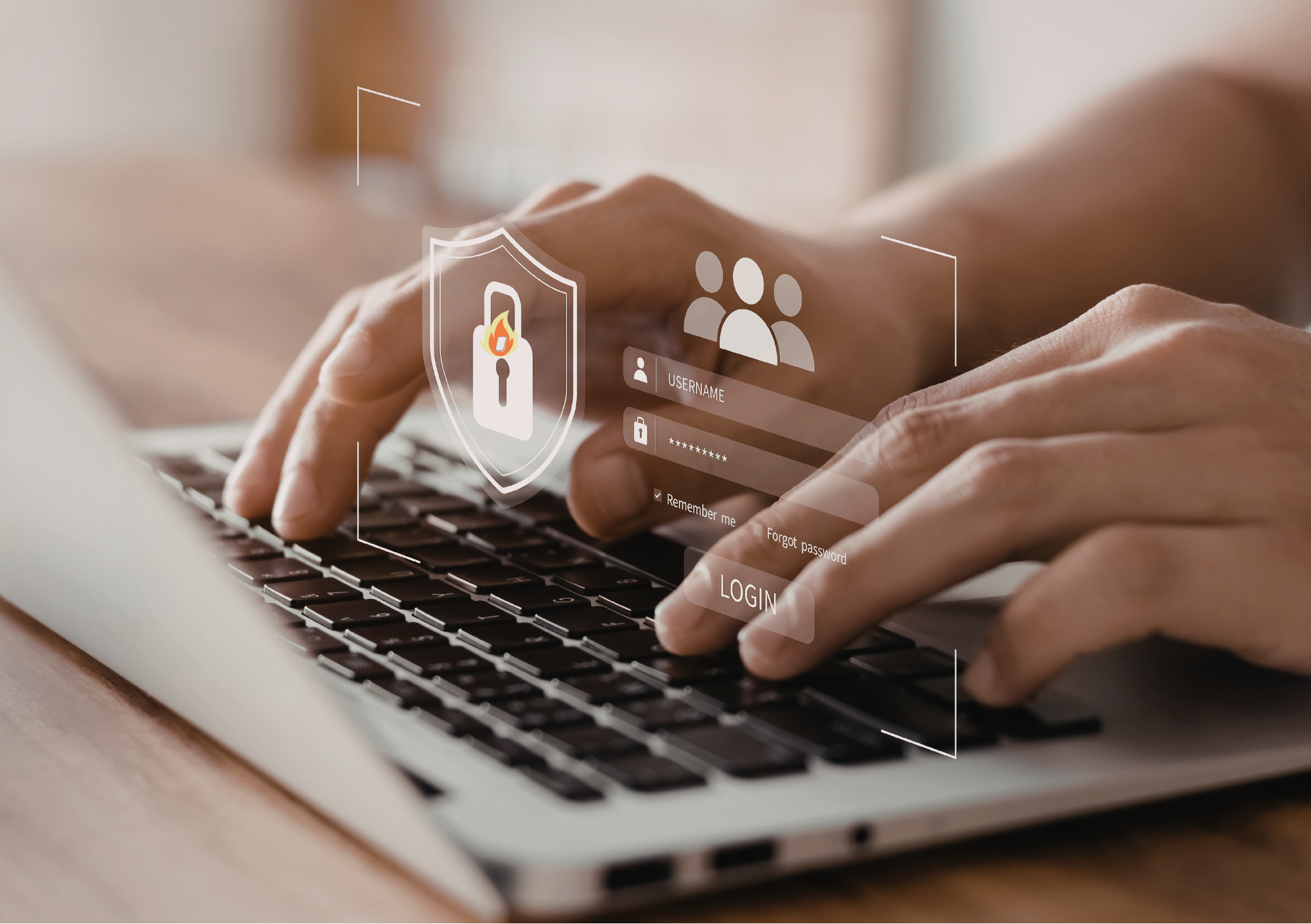 Manos iniciando sesión en un ordenador, con una pequeña llama como metáfora de alerta o vulnerabilidad en el entorno digital.